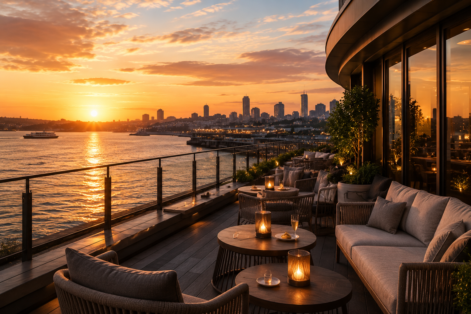 Auckland waterfront hotel terrace at dusk overlooking the marina